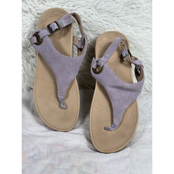 Vionic Sandals Womens Sz 8 Lavender Suede Jolie Thong Ankle Strap Platform Wedge - Picture 1 of 8